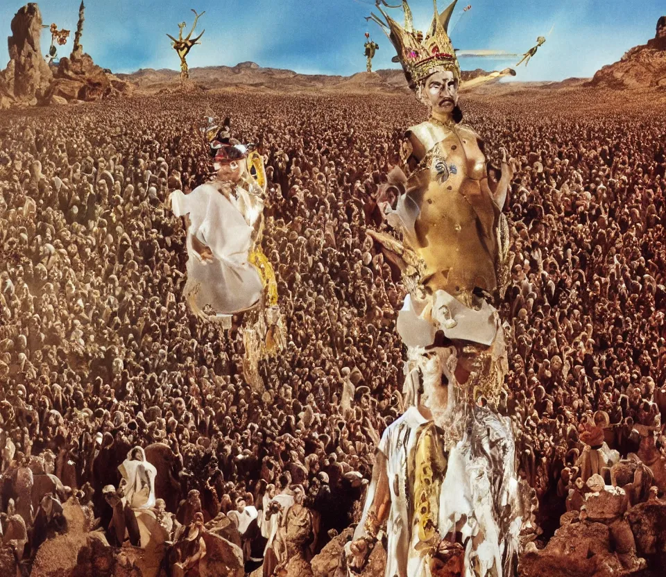 Image similar to salvador dali wearing a crown and costume with jewels in front of a huge crowd in a dry rocky desert landscape, from the movie by alejandro jodorowsky with cinematogrophy of christopher doyle and art direction by hans giger, anamorphic lens, kodakchrome, very detailed photo, 8 k