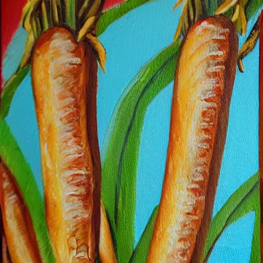 Image similar to baguettes on a banana palm, intricately detailed acrylic painting