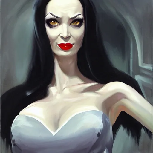 Image similar to greg manchess portrait painting of morticia from addams family as overwatch character, medium shot, asymmetrical, profile picture, organic painting, sunny day, matte painting, bold shapes, hard edges, street art, trending on artstation, by huang guangjian and gil elvgren and brom