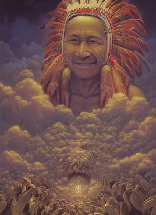 Image similar to faces of indigenous amazonian grandfathers and grandmothers spirits in the clouds, smiling, protection, benevolence, ancestors, detailed faces, art by christophe vacher