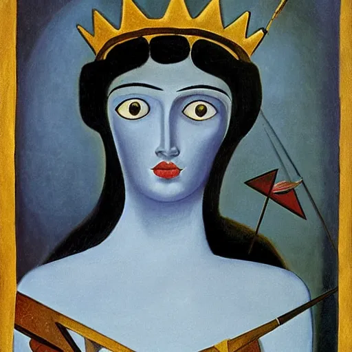 Prompt: In the name of Artemixel, the modern reincarnation of the old selenium god of hunt and moon (Selene), also known as Artemis, carrying the crown of the crescent moon. Golden bow and arrows surround her. And she is crowned by a bright and slightly bluish crescent like the brightness of the night. Portrait by Remedios Varo, oil on canvas