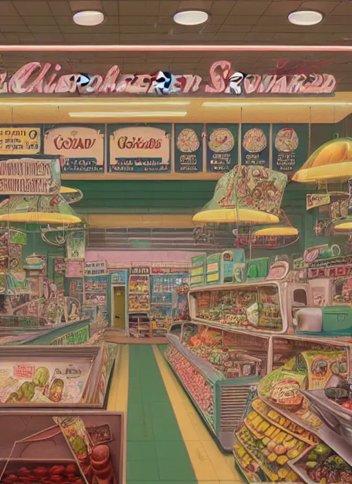 Image similar to highly detailed wide - angle, portrait of a 1 9 6 0 s retro supermarket, unreal engine, nicoletta ceccoli, mark ryden, earl norem, lostfish, global illumination, detailed and intricate environment