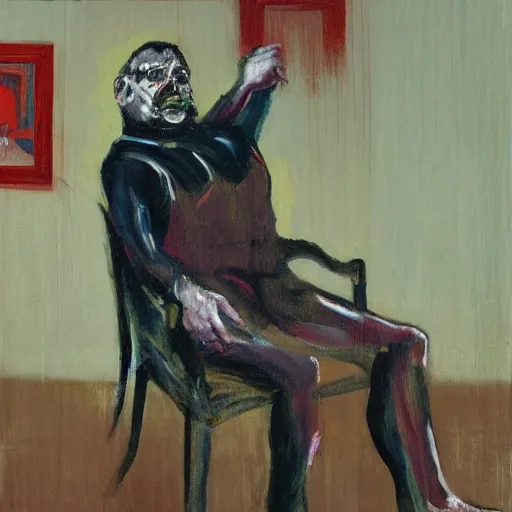 Prompt: a painting of a man sitting in a chair, a fine art painting by francis bacon, trending on artstation, shock art, oil on canvas, macabre, apocalypse art