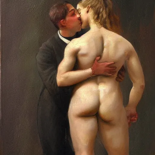 Image similar to an muscular man hugging a woman, fine painting, victorian
