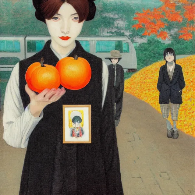 Prompt: tall emo girl artist holding small portraits and a persimmon on a train, on shinkansen in japan, odawara station, odawara castle, autumn leaves, pigs, octopus, acrylic on canvas, surrealist, by magritte and monet