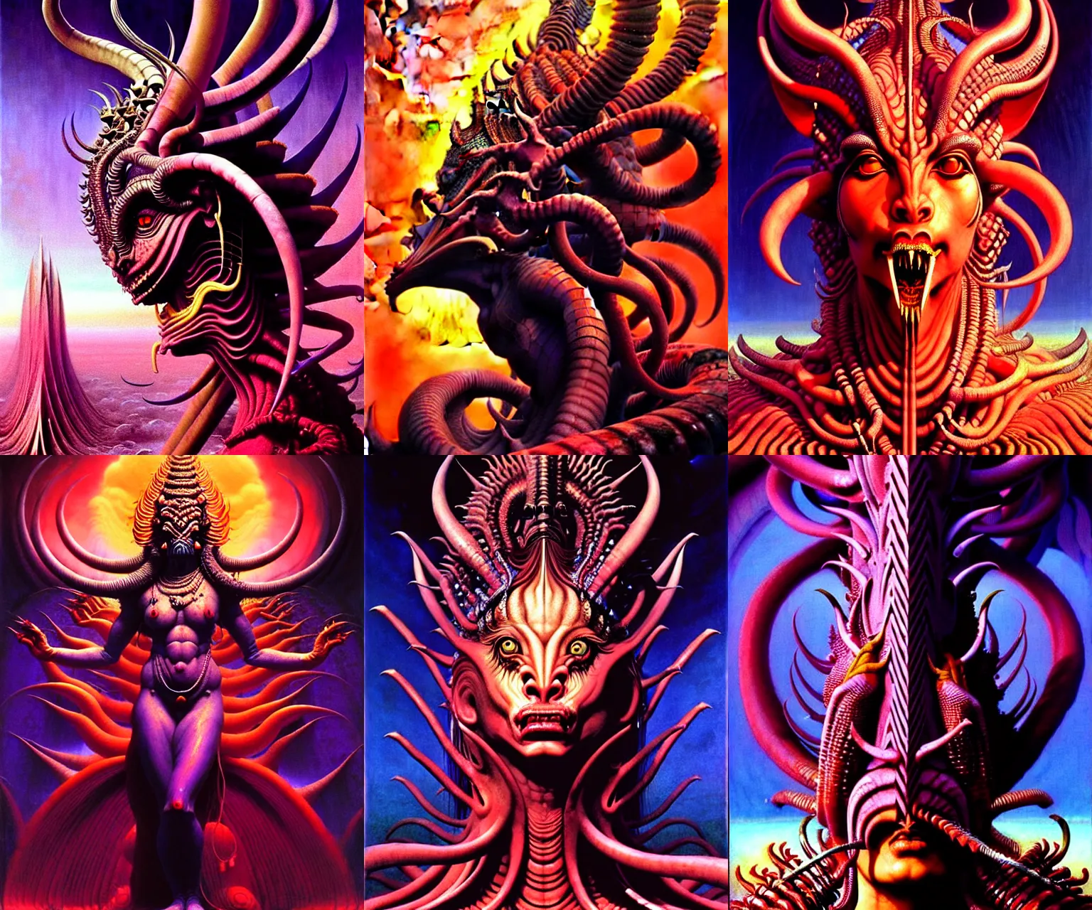 Prompt: A cinematic closeup portrait of the colossal Hindu demon princess, by Wayne Barlowe, by Sandro Botticelli, by Paul Lehr, by Bruce Pennington, by HR Giger, oil on canvas, masterpiece, trending on artstation, featured on pixiv, cinematic composition, dramatic pose, beautiful lighting, sharp, details, details, hyper-detailed, no frames, cyan and green, 8K