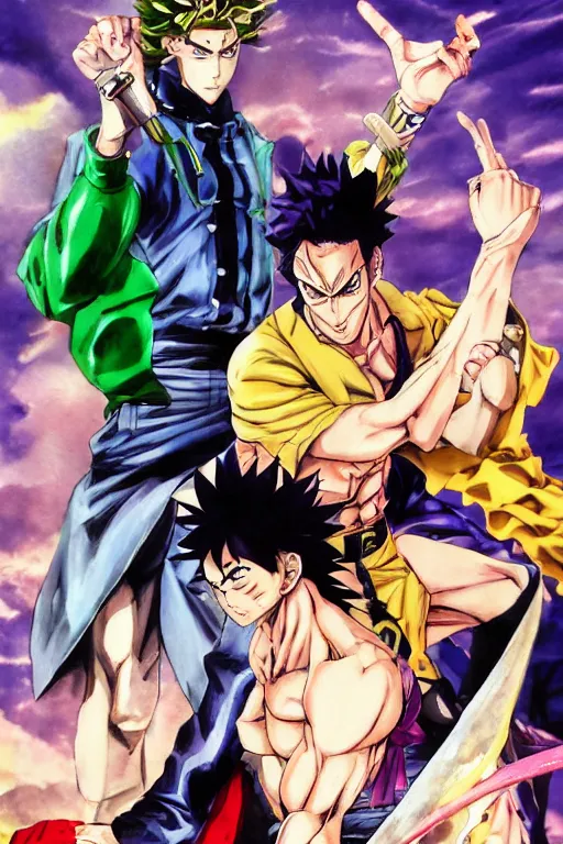 Image similar to manga cover of two characters fighting as a shounen jump cover, jojo's bizarre adventure, jotaro vs dio, art by hirohiko araki, japanese comic book, art by keisuke itagaki, modern fashion outfit, dynamic poses, action poses, muscular characters, watercolor