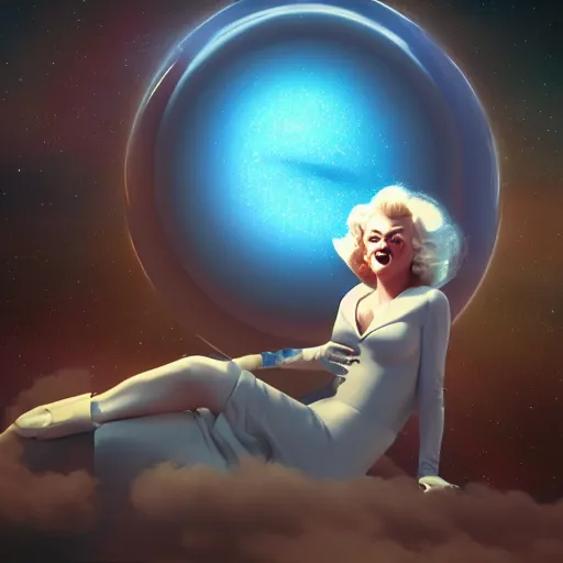 Prompt: surreal marilyn monroe in space, hands around, starship, octane render, trending on artstation, greg rutkowski, cinematic, hyper realism, high detail, octane render, 8k, iridescent accents