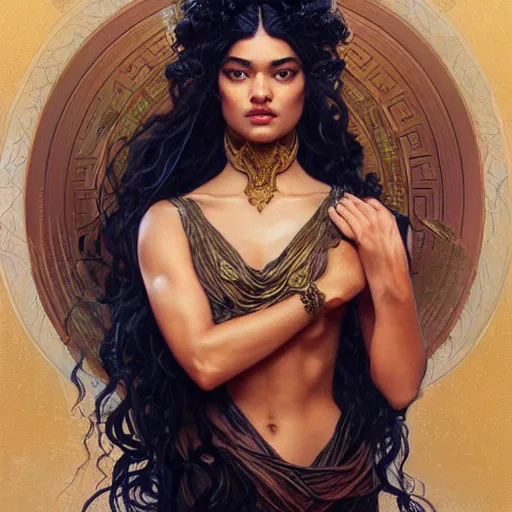 Prompt: Shanina Shaik as Medusa, greek goddess, intricate, elegant, highly detailed, digital painting, artstation, concept art, smooth, sharp focus, illustration, art by artgerm and greg rutkowski and alphonse mucha