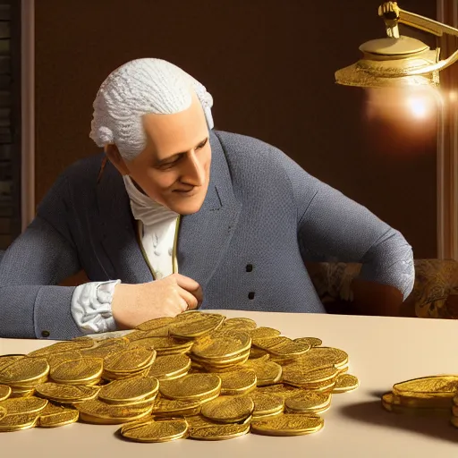 Image similar to a closeup photorealistic photograph of a happy George Washington inspecting small gold Doubloon coins at his home on Cherry Street. This 4K HD image is Trending on Artstation, featured on Behance, well-rendered, extra crisp, features intricate detail and the style of Unreal Engine.