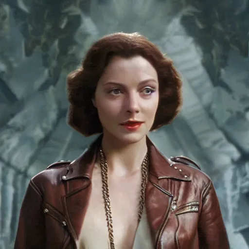 Image similar to a beautiful portrait from the film indiana jones and the fate of atlantis, of sophia hapgood in a leather jacket wearing the nur ab sal necklace, dslr hyper focused