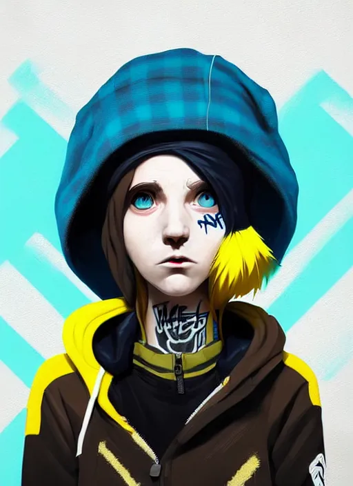 Prompt: highly detailed portrait of a sewer punk lady student, blue eyes, tartan hoody, hat, white hair by atey ghailan, by greg tocchini, by james gilleard, gradient yellow, black, brown and cyan color scheme, grunge aesthetic!!! ( ( graffiti tag wall ) )