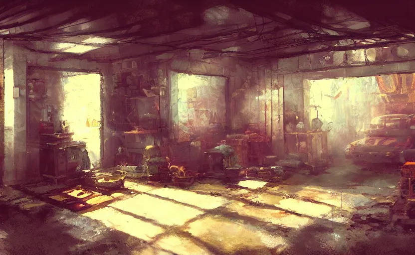Prompt: an old garage interior, painting by Craig Mullins, octane rendering, soft lighting, wide angle lens, low view, in the style of Hayao Miyazaki, trending on artstation,