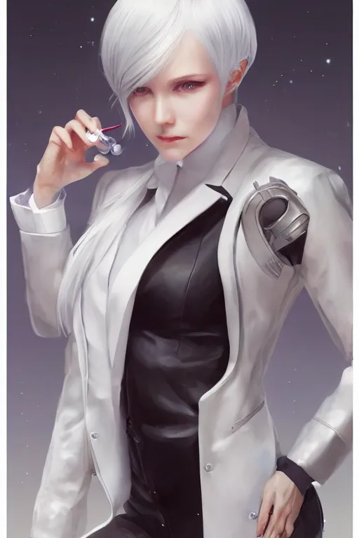 Prompt: a portrait of a scientist android girl with silver hair wearing white suit by artgerm and wlop and krenz cushart, painterly