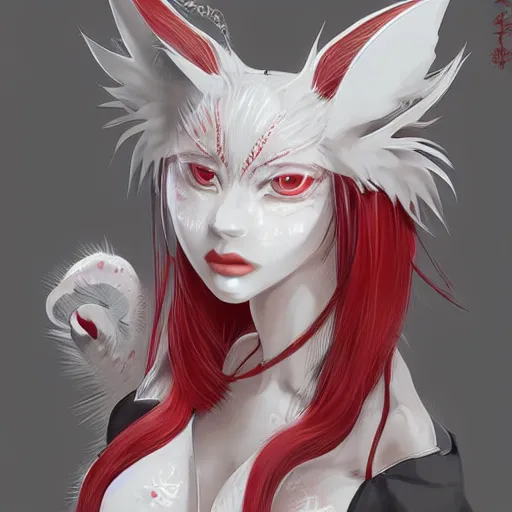 Image similar to albino kitsune maiko nekomimi, red and white neon, concept art, intricate details, highly professionally detailed, cgsociety, highly detailed -