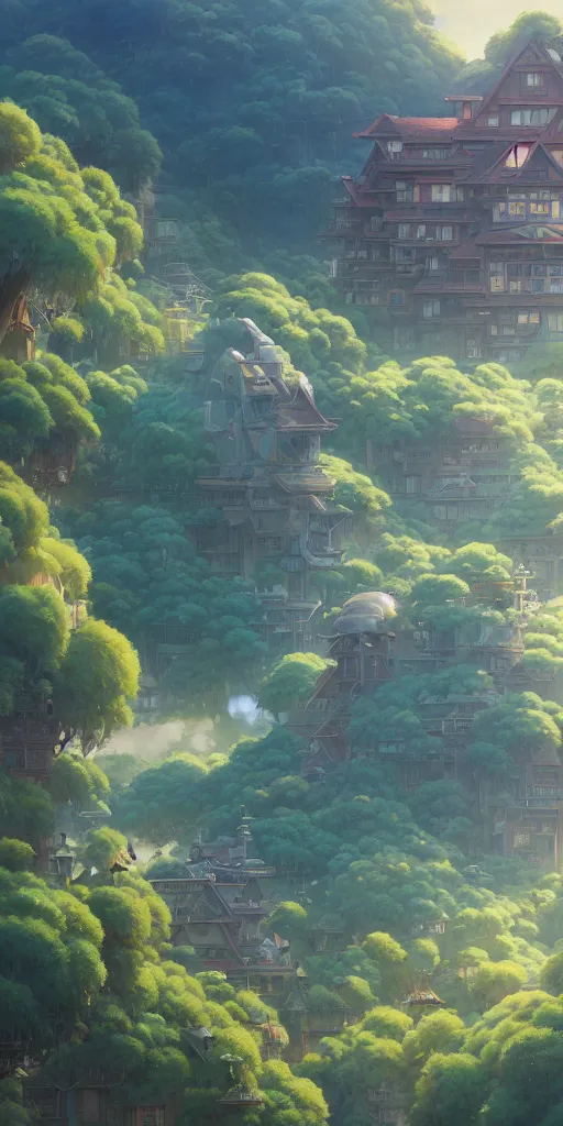 Prompt: highly detailed vfx panoramic landscape of studio ghibli, stephen bliss, unreal engine, greg rutkowski, loish, rhads, beeple, makoto shinkai and lois van baarle, ilya kuvshinov, rossdraws, tom bagshaw, alphonse mucha, global illumination, detailed and intricate environment