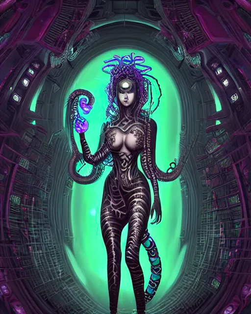 Prompt: Perfectly-centered Hyperdetailed realistic symmetrical cinematic RPG portrait-illustration of a beautiful aetherpunk cyberpunk Medusa with big glowing eyes in a long dark otherworldly dress and huge ravepunk snakes for hair. She's next to lovecraftian towers in a surreal landscape, style of an epic sci-fi comic-book cover, 3D rim light, hyper realism, dark retrowave, artstation, octane render, cgsociety