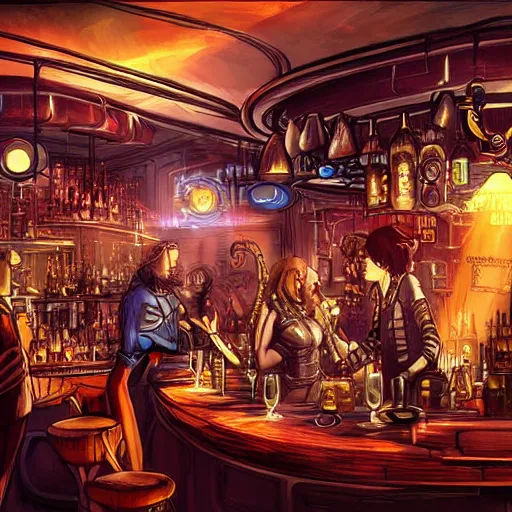 Prompt: a steampunk planet earth, has a drink at a bar. digital art, dramatic lighting, comedy, science fiction, concept art, epic fantasy, surreal. style of fifth element ( film )