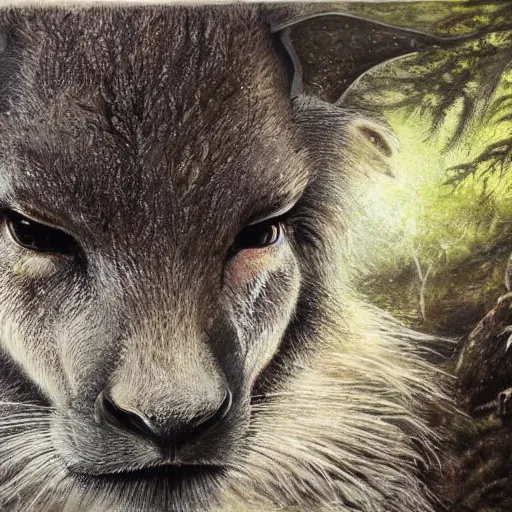 Image similar to A majestic forest creature is staring at the camera, very detailed, cinematic, epic painting in the style of Lord of the Rings