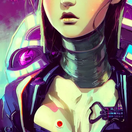 Image similar to A comic potrait of a cyberpunk cyborg girl with big and cute eyes, fine-face, realistic shaded perfect face, fine details. Night setting. Very anime style. Realistic shaded lighting poster by Ilya Kuvshinov katsuhiro, magali villeneuve, artgerm, Jeremy Lipkin and Michael Garmash, Rob Rey and Kentarõ Miura style, trending on art station