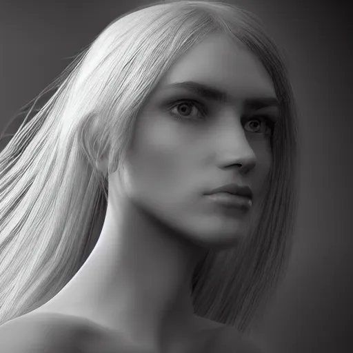 Image similar to A young beautiful female angelic-extraterrestrial-cyborg face with a very long neck, big clear eyes, thin nose, big lips, hair floating in the wind, Realistic, Refined, Digital Art, Pre-Raphaelite, Highly Detailed, Cinematic Lighting, rim light, black and white, photo-realistic Unreal Engine, 8K