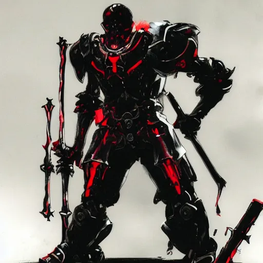 Image similar to skull wearing black knight armor creepy intimidating dragging red hot glowing sword by Yoji Shinkawa