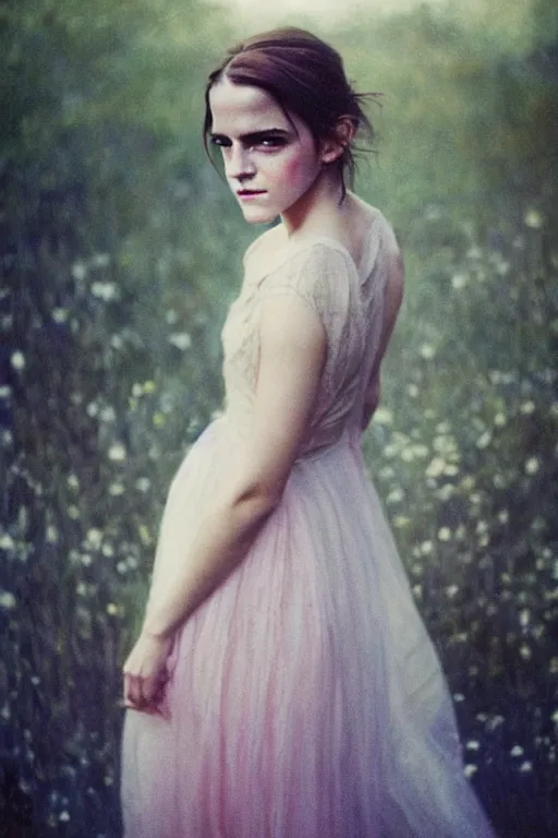 Prompt: color polaroid of Emma Watson by Andrei Tarkovsky, Richard Schmid, Jeremy Lipking full length shot, wearing in a summer dress, very detailed, stunning light, very beautiful face