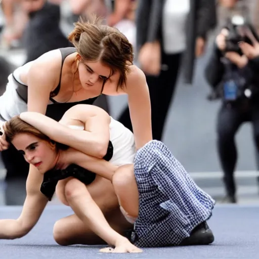 Image similar to emma watson grappling big foot to the ground, blurry focus