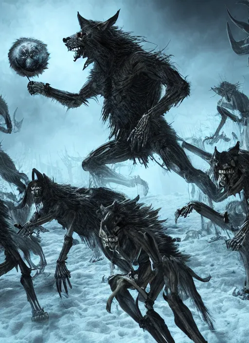 Image similar to werewolf fighting an endless army of skeletons, ultra detailed fantasy, elden ring, realistic, dnd, rpg, game design concept art, behance hd, artstation, deviantart, global illumination radiating a glowing aura global illumination ray tracing hdr render in unreal engine 5