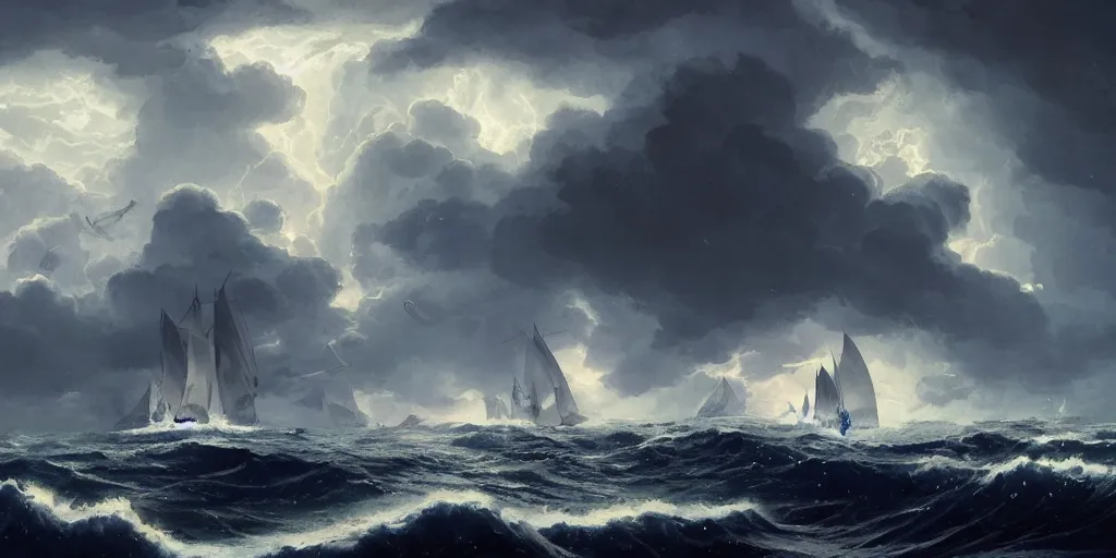 Prompt: A chinese sailing boat struggles through stormy seas, an intense storm blacks out the sky, lit by lightning, Greg Rutkowski and Studio Ghibli