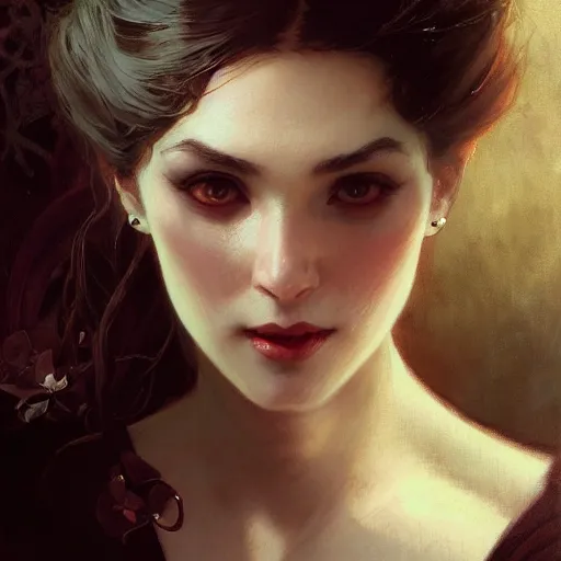 Image similar to portrait of a beautiful vampire by Stanley Artgerm Lau , greg rutkowski, thomas kindkade, alphonse mucha, loish, norman rockwell, J. C. Leyendecker. Trending on artstation rule of thirds detailed illustration hd 4k