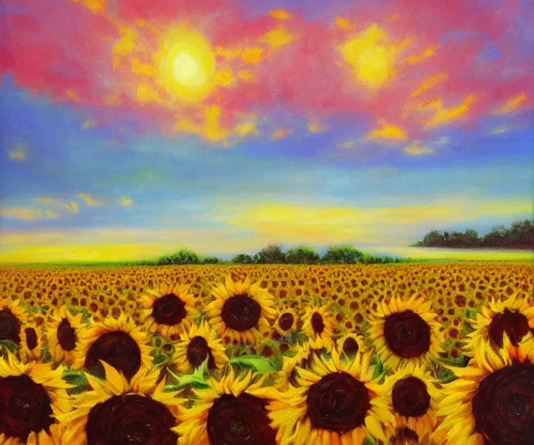 Image similar to sunflowers, william henrits, hovik zohraybyan, oil painting, bright colors, pink skies, sunrise, peaceful, serene, joy