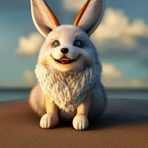 Image similar to a photorealistic adorable zany girly alluring chubby charming but vicious fennic fox wolf rabbit hybrid, with long floppy rabbit ears, wearing a bow on the top of its head, grinning at the camera with a mischievous look, sharp teeth, happy lighting, at a tropical beach