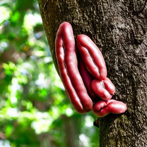 Prompt: parasitic human-shaped beans growing in a tree, real picture