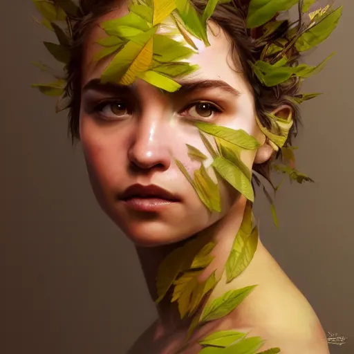 Prompt: emilia clark as a dryad, her skin are yellow leaves portrait, highly detailed, headshot, digital painting, trending on artstation, concept art, sharp focus, illustration, art by artgerm and greg rutkowski and magali villeneuve