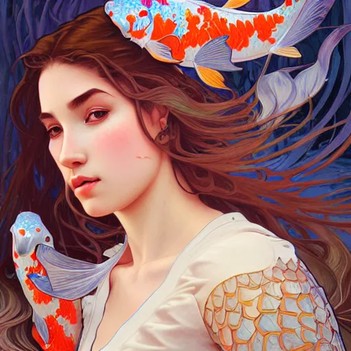 Image similar to Portrait of a girl surrounded by Koi fish, face, fantasy, intricate, elegant, highly detailed, digital painting, artstation, concept art, smooth, sharp focus, illustration, art by Fernanda Suarez and Artem Demura and alphonse mucha