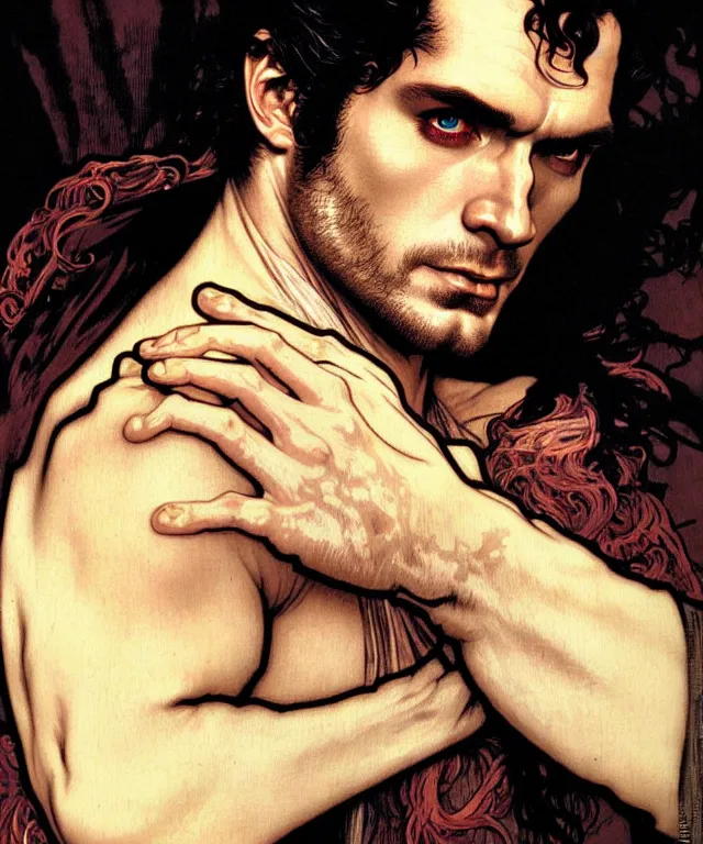Prompt: realistic detailed head and shoulders portrait of henry cavill as dracula by alphonse mucha, ayami kojima, amano, greg hildebrandt, and mark brooks, male, art nouveau, neo - gothic, gothic