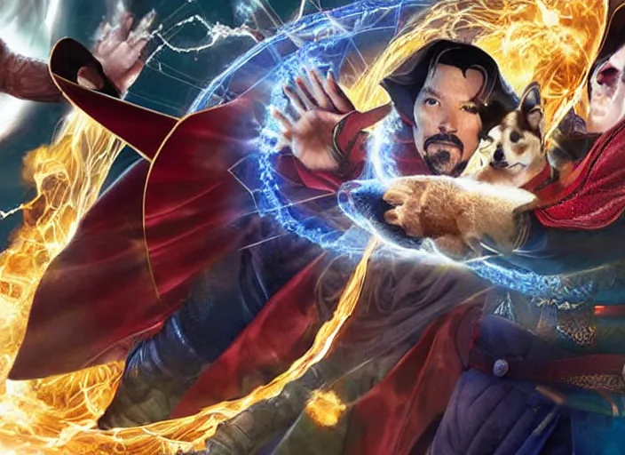 Image similar to dr. strange casting a shield spell in the metaverse with a shiba inu samurai at his feet, hyper realistic, highly detailed, perfect face, smooth, focus