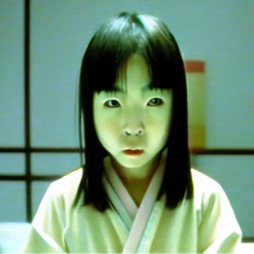 Image similar to a japanese horror movie from the 90's featuring a scary female ghost