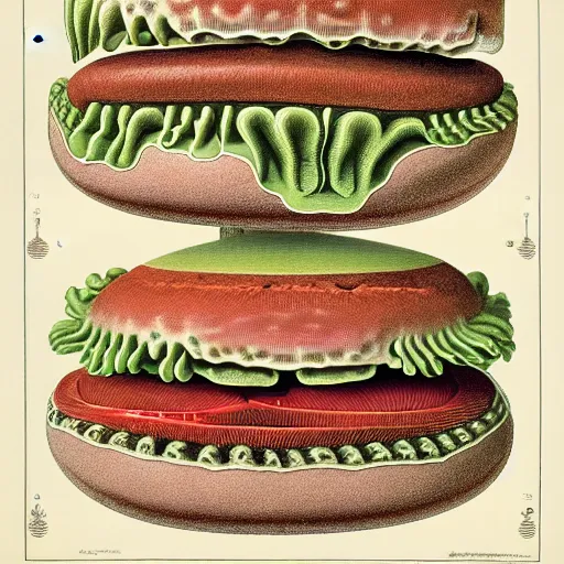 Prompt: hamburger anatomy by ernst haeckel, masterpiece, vivid, very detailed