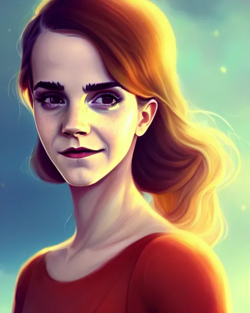 Image similar to a portrait of a beautiful full body Emma Watson smiling, pretty gold and red dress, art by lois van baarle and loish and ross tran and rossdraws and sam yang and samdoesarts and artgerm, digital art, highly detailed, intricate, sharp focus, Trending on Artstation HQ, deviantart, unreal engine 5, 4K UHD image