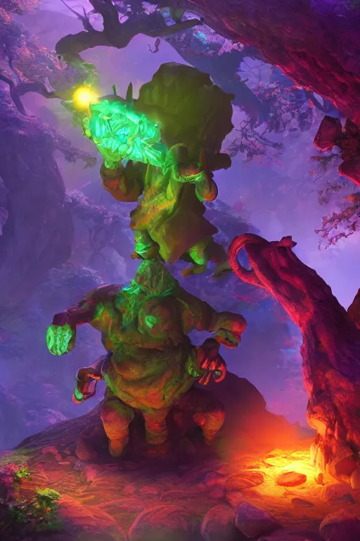 Image similar to arcane fantasy art giant golem elemental wood rock bastion forged gemstone enchanted forest troll, global illumination ray tracing hdr fanart arstation by sung choi and eric pfeiffer and gabriel garza and casper konefal lisa frank zbrush central hardmesh radiating a glowing aura