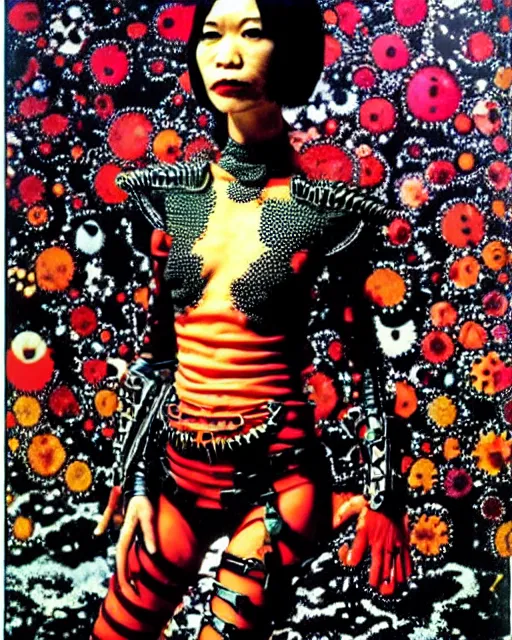 Prompt: portrait of a skinny punk goth yayoi kusama wearing armor by simon bisley, john blance, frank frazetta, fantasy, thief warrior, floral flowers colorful