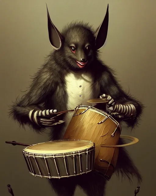 Image similar to anthropomorphic art of a bat playing the drum set, medieval clothing by artgerm, victo ngai, ryohei hase, artstation, highly detailed digital painting, smooth, global illumination, fantasy art by greg rutkowsky, karl spitzweg