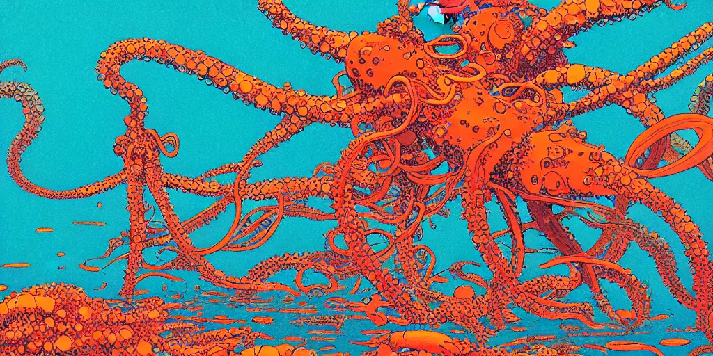 Image similar to risograph grainy drawing vintage sci - fi, satoshi kon color palette, gigantic gundam full - body covered in iridescent dead coral reef 1 9 6 0, kodak, with lot tentacles, natural colors, codex seraphinianus painting by moebius and satoshi kon and dirk dzimirsky close - up portrait