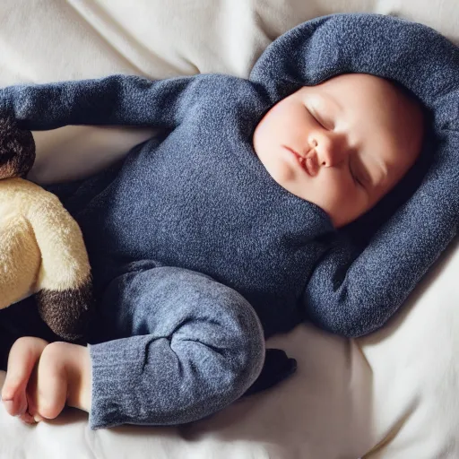 Prompt: sleepy child on pillow photographed between cuddly toys