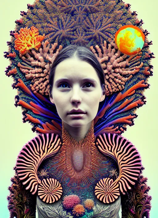 Prompt: ridiculously beautiful young woman tripping, psychedelics, nature, coral, birds, symmetrical, in the style of ernst haeckel, effervescent, warm, surrealism, photo realistic, epic and cinematic,