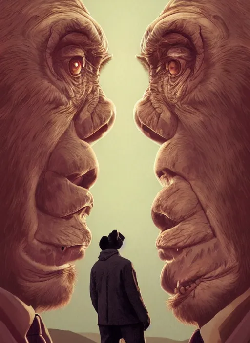 Image similar to Twin Peaks movie poster artwork by Michael Whelan and Tomer Hanuka, Rendering of a chimpanzee in a lap coat, small rural town in background, from a scene from Twin Peaks, clean, full of detail, Matte painting, trending on artstation and unreal engine