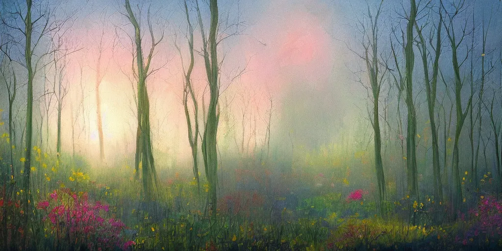 Image similar to beautiful painting of a forest at dawn with muted colourful sky, over the garden wall style