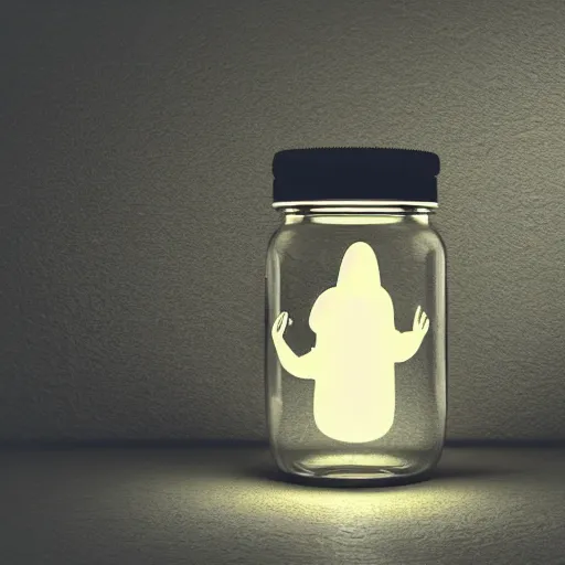 Image similar to a glowing ghost contained in a jar, realistic illumination